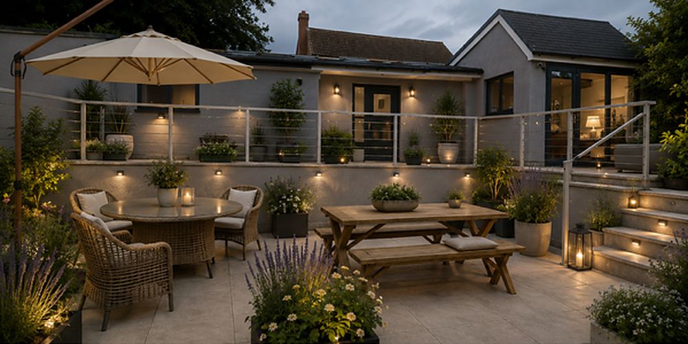 Concept visual — the terrace at dusk with soft lighting